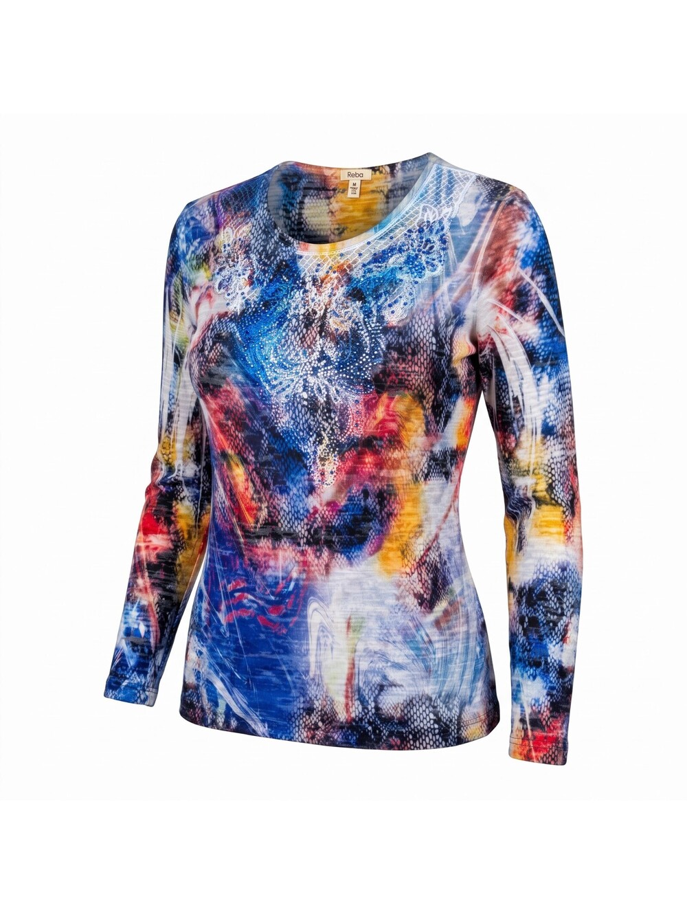 **Colorful Abstract Print 3/4 Sleeve Reba Top – Artsy Statement Shirt**
